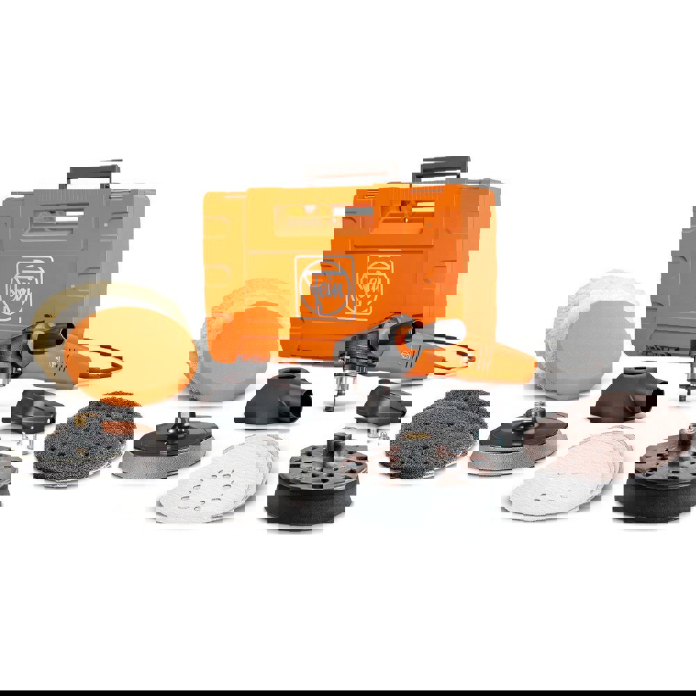 Handheld Buffers & Polishers; Type: Polisher; Product Type: Polisher; Handle Type: Right Angled; Pad Diameter: 9 in; Spindle Thread Size: 5/8-11; Reversible: No; Voltage: 18.00; Amperage: 15.0000; Includes: Dust Extraction Hood; (6) Perforated Sanding She